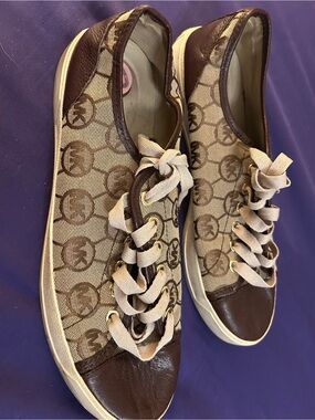 Michael Kors Brown Logo Canvas Sneakers with Cream Accents